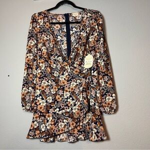Altar’d State Faux Wrap Mini Dress Floral Brown Orange Long Sleeve Medium NWT